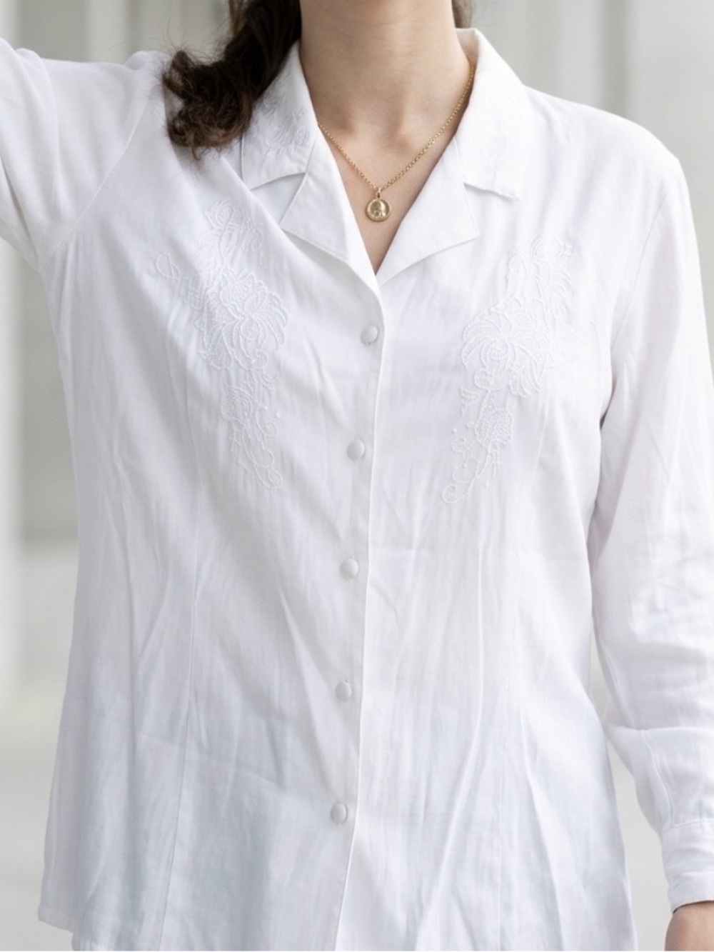 Women’s White Embroidered Button-Down Shirt